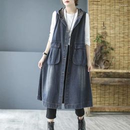 Women's Vests Korean Style Denim Hooded Long Vest Coat 2024 Women Button Loose Vintage Waistcoats Female Punk Sleeveless Tops