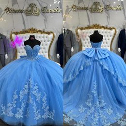Princess Baby Blue Dresses Ball Gown Sweetheart Appliques Vestido De Quinceanera Tulle Sweet Masquerade Dress With Bow Knot