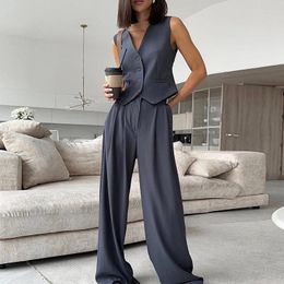 Women's Two Piece Pants Elegant V-neck Button Vest And Long Pant Suits Women Casual Sleeveless Solid Office Outfits Fashion Draped Wide Leg