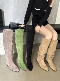 Boots 2023 Low Heel Pleated Boots Autumn Winter New Square Head Knee Length Long Boots Suede Women's Shoes Black Beige Green Grey