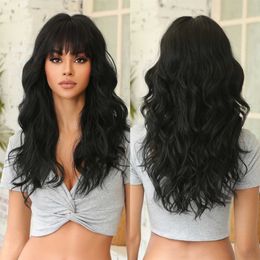 Synthetic Wigs La Sylphide Black Wig with Bangs Long Water Wavy Wigs for Women Party Wigs Cosplay Daily Use High Density Fiber Hair 240328 240327