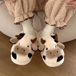 Slippers Women's Cartoon Cute Cow House Warm Plush Lined Home Slides Female Girls Cozy Indoor Anti-skid Shoes