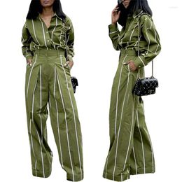 Women's Two Piece Pants Office Ladies Temperament 2-piece Suit Spring Green Striped Long-sleeved Classic Shirt Same Straight