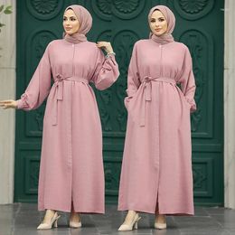 Ethnic Clothing Simple Casual Muslim Dress Three Dimensional Jacquard Waist Tied Elegant Middle Eastern Robe Pink Long Sleeved Women's