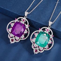 Pendant Necklaces EYIKA Luxury Hollow Design Created Emerald Amethyst Women Necklace Purple Green Fusion Crystal Zircon Flower