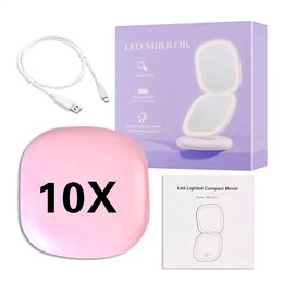 Mini Compact Led Makeup Mirror With Light Pocket Portable Travel Pink Black Foldable Cosmetic Small Vanity Mirrors10X Magnifying 240305