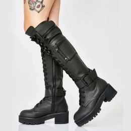 Boots Brand Design High Quality Female Motorcycle Boots Square Heel LaceUp Narrow Band Winter Cool Street Women Knee High Boots Shoes