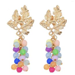 Stud Earrings Gold Color Alloy Leaf Acrylic Grape Beaded Drop For Women Fashion Creative Cute Girl's Daily Party Jewelry Accessories