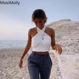 Tops MosiMolly Women Tops Halter Neck Cotton Linen Tops White Women Vest Boho Beach Bow Tops Women Blusas 2022