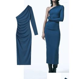 Basic Casual Dresses Women Ruched Long Dress 2023 Female Asymmetric Single Shoder Midi For Vintage Sleeve Drop Delivery Apparel Womens Otbx6