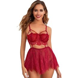 B Women's Sexy Lingerie V-Neck See Through Costumes Backless Outfits Cutout Lace Flower Bra Women Sleep+ Mesh Short Skirt + Thong Bras Se