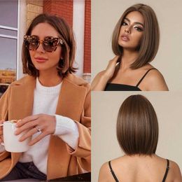 Synthetic Wigs HAIRCUBE Short Straight Brown Synthetic Bobo Hair Middle Parted Hairline Lace Front Wigs for Cosplay Daily Use Natural Fiber Wig 240329