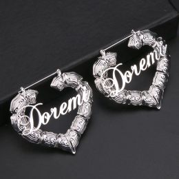 Earrings DOREMI 3090mm Stainless Bamboo Custom Heart Shape Earrings Customize Name Earrings Bamboo Style Custom Hoop Earrings Numbers