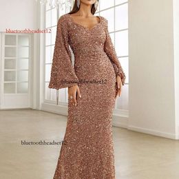 2024 Spring/summer New Fashion V-neck Bag Hip Sequin European and American Dresses Mid Waist Flare Sleeves Long Evening Dress