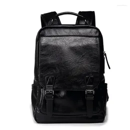 School Bags Vintage Black Men Backpack PU Leather Waterproof Male With Double Belt Mochila Travel Bag Man Laptop Boy