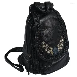 School Bags Embroidery Flowers Women Backpack Small Soft Pu Leather Backpacks For Girls Teenagers Female Shoulder Bag Chest Pack Black Bolsa