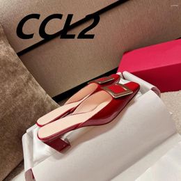 Dress Shoes 2024 Square Toe Mule Half Slip On Sandals Cow Patent Leather Upper Sheepskin Lining Genuine Outsole Size35-39