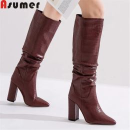 Boots ASUMER 2021 cowboy western knee high boots women pointed toe pleated European Style autumn winter boots thick high heels woman