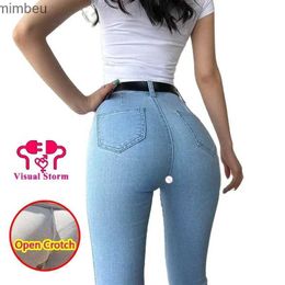 Jeans da donna Pantaloni con apertura sul cavallo Jeans skinny sexy da donna Sollevamento fianchi color pesca con cerniera invisibile a doppia testa per appuntamenti Must-HaveC24318