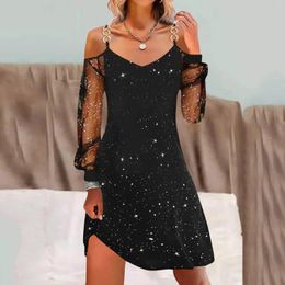 Casual Dresses Party For Women 2024 Spring Summer Fashion Glitter Patchwork Mesh Cold Shoulder Long Sleeve Mini Dress Vestidos