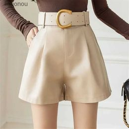 Women's Shorts Womens PU Leather Shorts With Belt 2023 New Winter Stylish Pockets Ladies Elegant Solid Casual Trousers Female Z132C243128