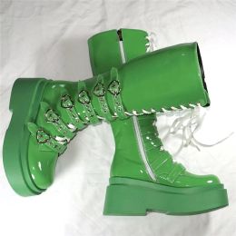 Boots Green Pumps Shoes Women Lace Up Patent Leather High Heel Knee High Snow Boots Female Round Toe Fashion Sneakers Casual Shoes