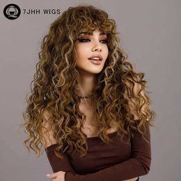 Synthetic Wigs 7JHH WIGS Afro Kinky Curly Wig with Bangs Synthetic Blonde Curly Wig for Black Women Natural Hair Cosplay Party Heat Resistant 240329