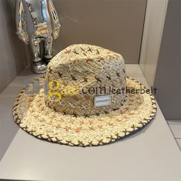 Summer Woven Straw Top Hats Classic Letter Fisherman Hat for Women Men Wide Brim Straw Hat Contrast Color Travel Sunhat