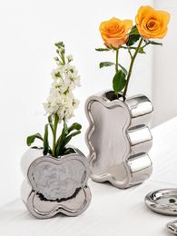 Vases Electroplating Silver Ceramic Vase Creative Flower-shaped Decorative Hydroponic Flower Arrangement Luxury Living Room Table