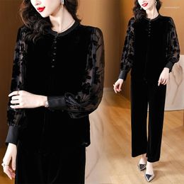 Women's Two Piece Pants 2024 Black Silk Velvet Long Sleeve Solid Set For O-Neck Loose Large Lace Hollow Out Slim