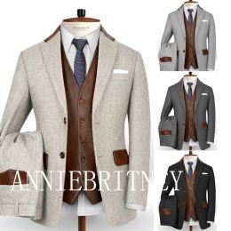 Suits Vintage Tweed Suit For Men Slim Fit 3 Piece Blazer Set Leather Vest Herringbone Costume Homme Terno Masculino Custom Made Male