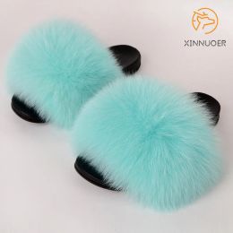 Slippers Fur SlippersFox Fur Luxury Fluffy Cute Home Plush Ladies Flip Flops Summer Outdoor Casual Fashion Flat Sandals