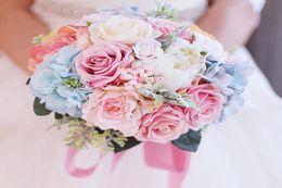 Iffo new bride holding bouquet pink light blue light beautiful wedding simulation rose forest wedding bridal bouquet4964299