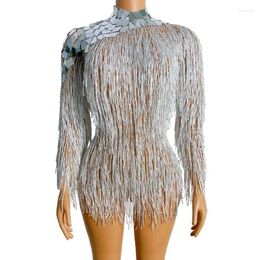 Stage Wear Sexy Flashing Mirror Shoulder Silver Fringes Outfit Leotard Birthday Celebrate Costume Dancer Tassels Bodysuit