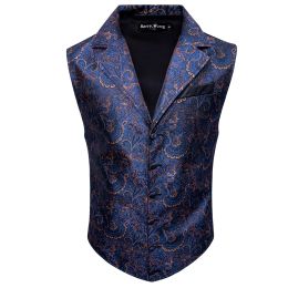 Vests Barry.Wang Blue Paisley Herringbone Vest Coat Men Silk Suit Vest SingleBreasted Notched Lapel Waistcoat MD2101