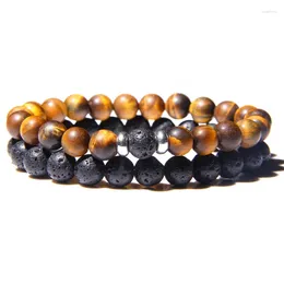 Strand 2pcs/set Tiger Eye Stone Beads Couple Bracelet Black Natural Volcanic Lava Beaded Elastic Bracelets Jewellery Men Women Gift