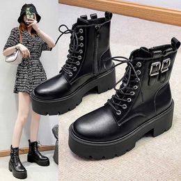 HBP Non-Brand Chunky Platform Boots Autumn Winter Fashion Buckle PU Leather Botas Mujer High Heels Ankle Boots Shoes for Women