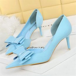 Pumps Women 7.5cm 10cm High Heels Stripper Pumps Scarpins Cute Bow Low Heels Shoes Lady Fetish Sweet Wedding Bridal Yelloow Blue Shoes