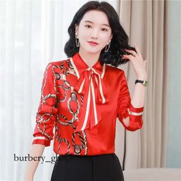 Beige Satin Chain Print Shirt for Women Lapel Ribbon Bow Autumn Winter Designer Blouses 2023 Office Ladies Chic Long 605