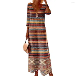 Casual Dresses Long Sleeve Dress V Neck For Women Retro Ethnic Print A-line Striped Pullover Bohemian Party