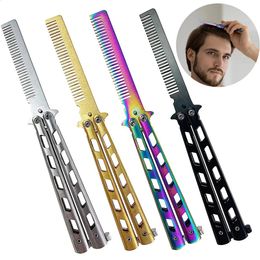 Stainless Steel Foldable Comb Beard Moustache Brushe Practise Training Beginner Butterfly Comb Salon Hairdressing Styling Tool 240314