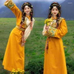 Stage Wear Tibetan Style Women Yellow Robe Clothing Trip Shoot Ethnic Grassland Po