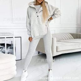 Womens Casual Suit Set Comfortable Loose Fitting Button Pockets Sweatsuit Hoodie Jacket Top and High Waisted Tight Pants 240309