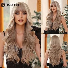 Synthetic Wigs HAIRCUBE Blonde Highlight Synthetic Wigs for Women Long Wavy Platinum Wigs With Bangs Christmas Cosplay Heat Resistant Fibre 240328 240327