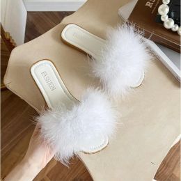 Slippers Women Slippers Fashion Square Toe Furry Flat Shoes Office Ladies Slides Flats Summer New Sandals Mujer Casual Beach Slippers