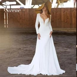 Long Sleeve Simple Stain Wedding Dress Elegant Deep V Neck Backless Floor Length Bridal Gown Custom Made Vestido De Novia YD estido