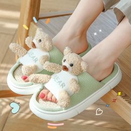 Slippers Funny Cartoon Bear Designer Home Women Slippers Spring Breathable Floor Mute Couples Cotton Shoes Indoor Ladies Flax Slides