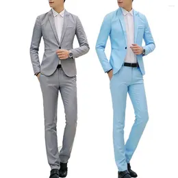 Men's Suits Men Pants Set Slim Fit Business Suit With Single Button Long Spring/autumn Solid Colour Lapel Design