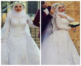 2019 Arabic Muslim Long Sleeves Lace Sheath Wedding Dresses Islamic Hijab Wedding Gowns High Neck Applique Bridal Gowns With Long 6602748