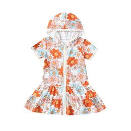 Girl Dresses Kids Baby Girls Dress Swimsuit Cover Up Summer Floral Hooded Short Sleeve Beach Rash Guards For Toddler Bathing Suit